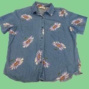 Vintage Denim Shirt with Sunflowers